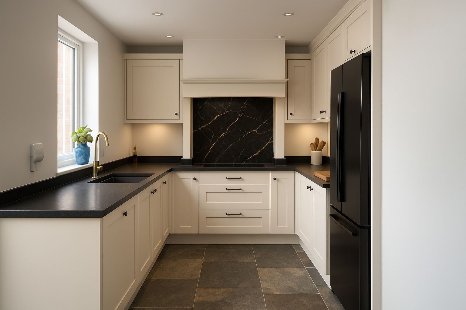 Cream shaker-style Howdens kitchen with dark worktops, a false chimney canopy over the hob and tiled floor, in the Rothwell extension